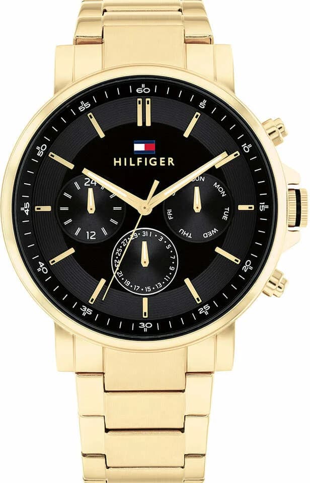 Montre Tommy Hilfiger 1710589 avec cadran noir multifonctions et acier doré, style élégant et sportif