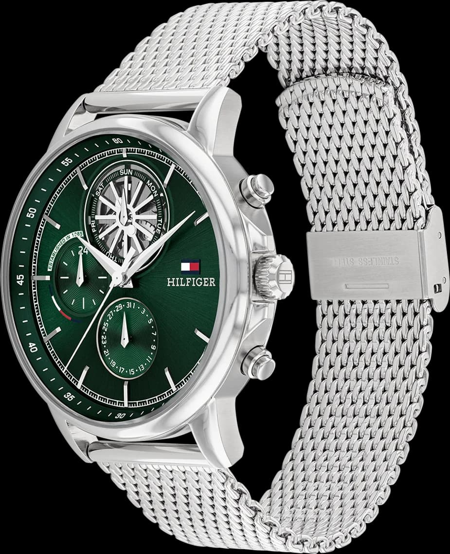 Cadran Tommy Hilfiger 1710608 aux index bâtons et aiguilles argentés, date à 3h