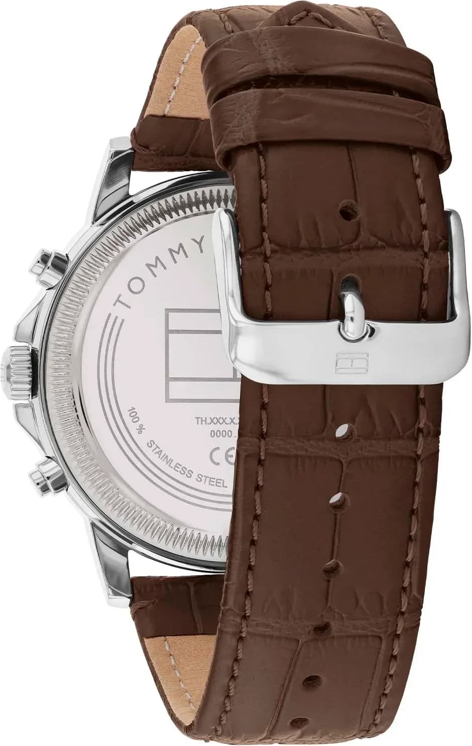 Bracelet Tommy Hilfiger 1710629 en cuir marron cousu, boucle ardillon argent, texture grainée et confortable