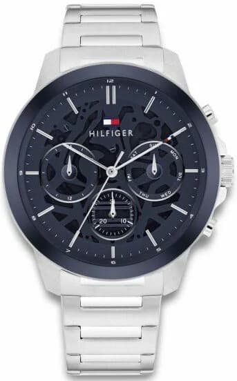 Montre Tommy Hilfiger 1710684 acier argenté avec cadran bleu soleil et index bâtons, style chic et moderne