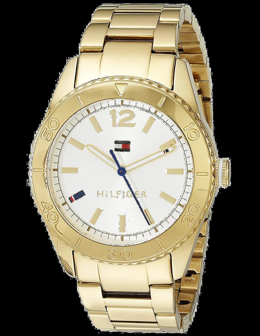 Montre Tommy Hilfiger 1781268 en or avec cadran blanc et index dorés, style élégant et féminin