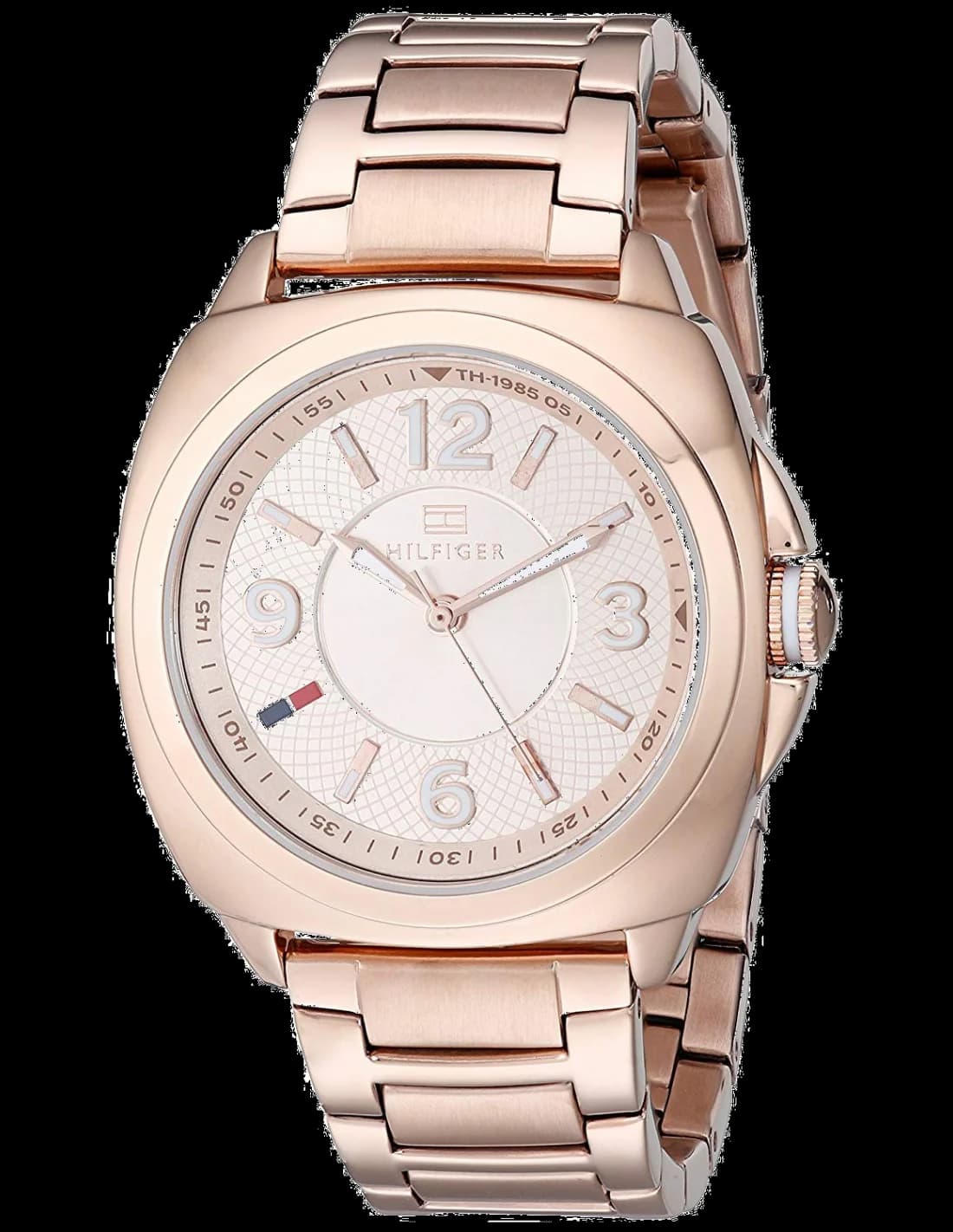 Montre Tommy Hilfiger 1781341 au cadran blanc nacré, aiguilles dorées et index bâton, style chic et intemporel