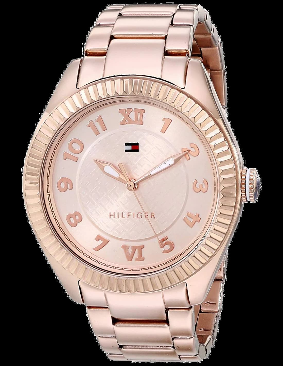 Montre Tommy Hilfiger 1781344 au cadran blanc nacré avec index dorés et aiguilles bâton, finition or rose intégrale