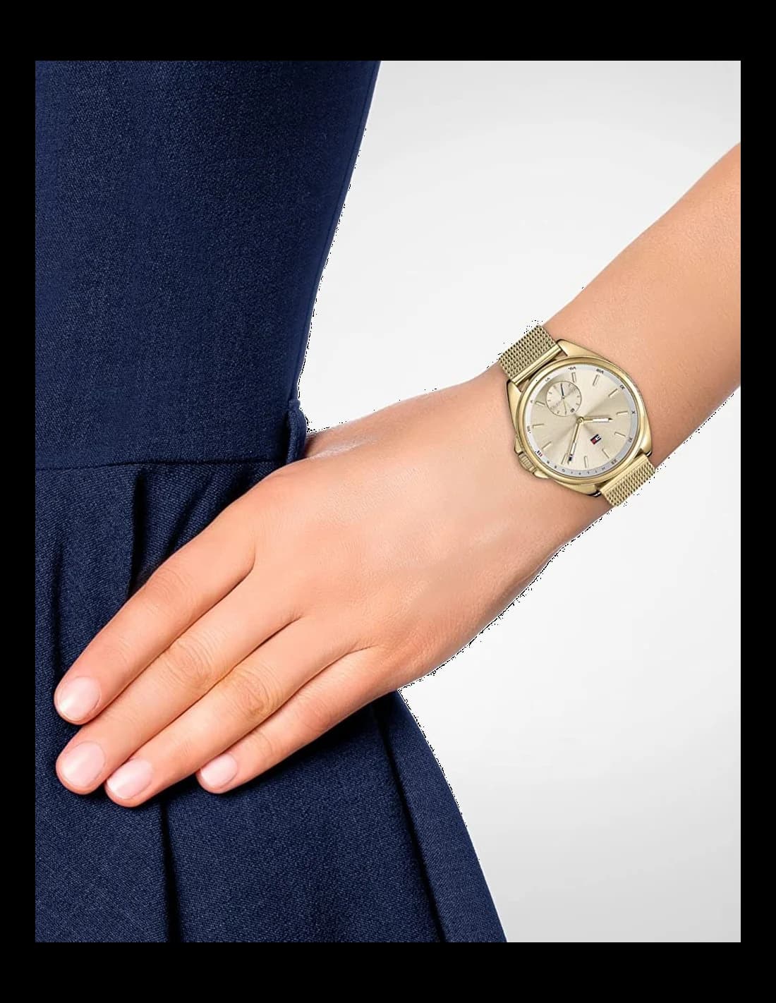 Cadran Tommy Hilfiger 1781757 avec index bâtons dorés, aiguilles fines et date à 3h