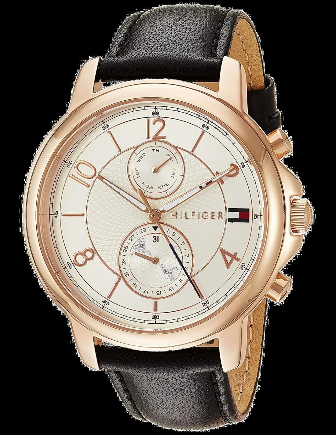 Montre Tommy Hilfiger 1781817 au cadran noir et aiguilles dorées sur fond soleillé, style classique chic