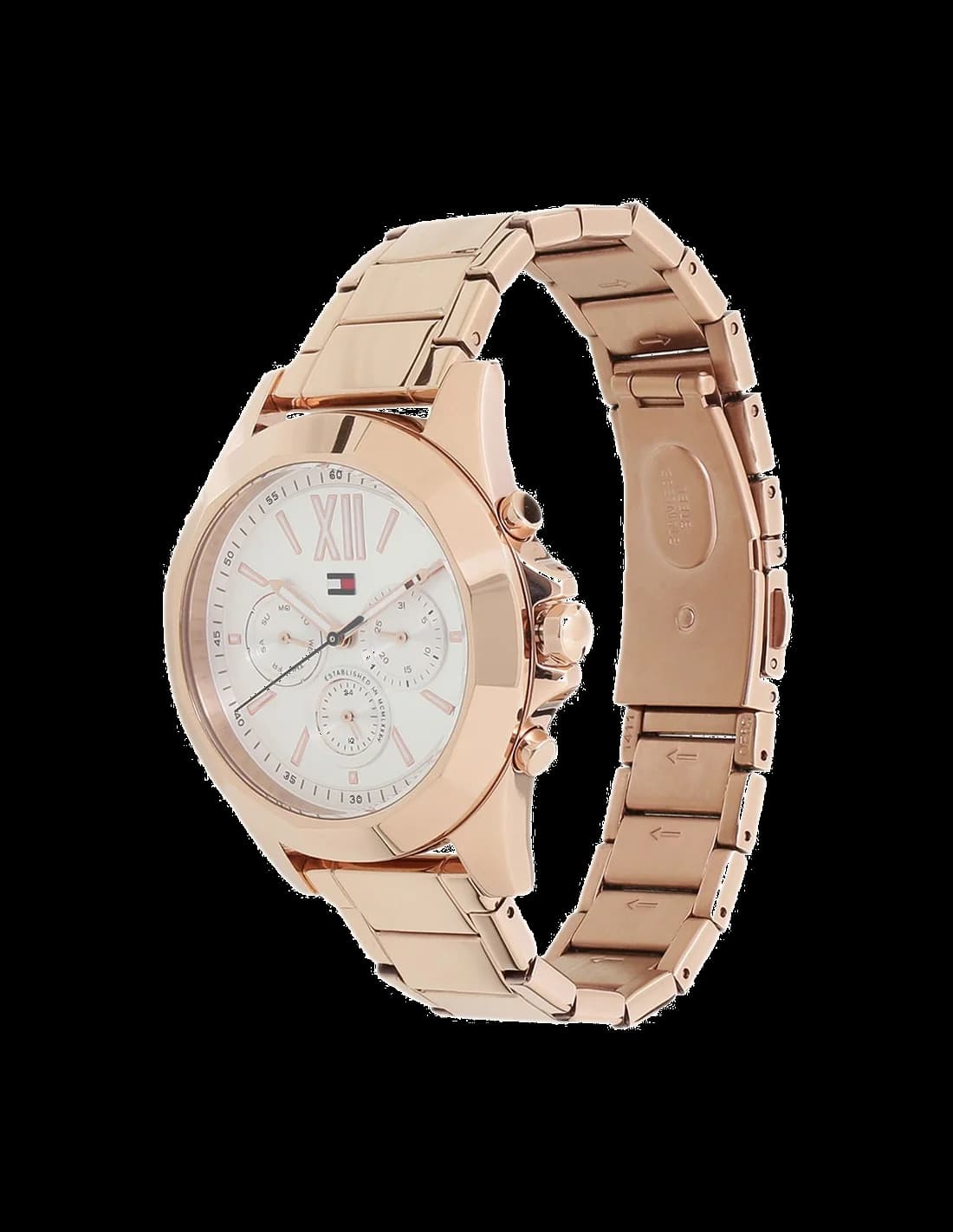 Bracelet Tommy Hilfiger 1781847 en acier or rose maillé, fermoir déployante signé, confort au poignet