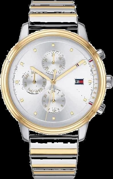 Montre Tommy Hilfiger 1781908 en acier bicolore, cadran blanc avec index dorés et trotteuse rouge, style classique chic