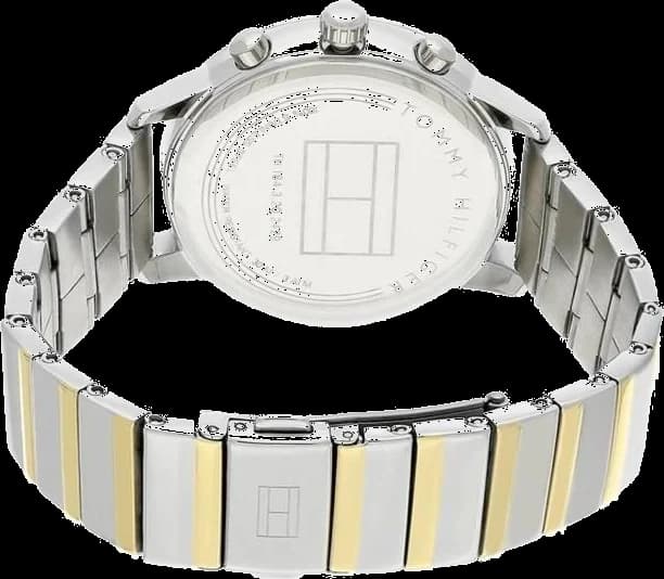 Cadran Tommy Hilfiger 1781908 blanc avec index bâtons dorés, aiguilles dorées, date à 3h, logo Tommy Hilfiger
