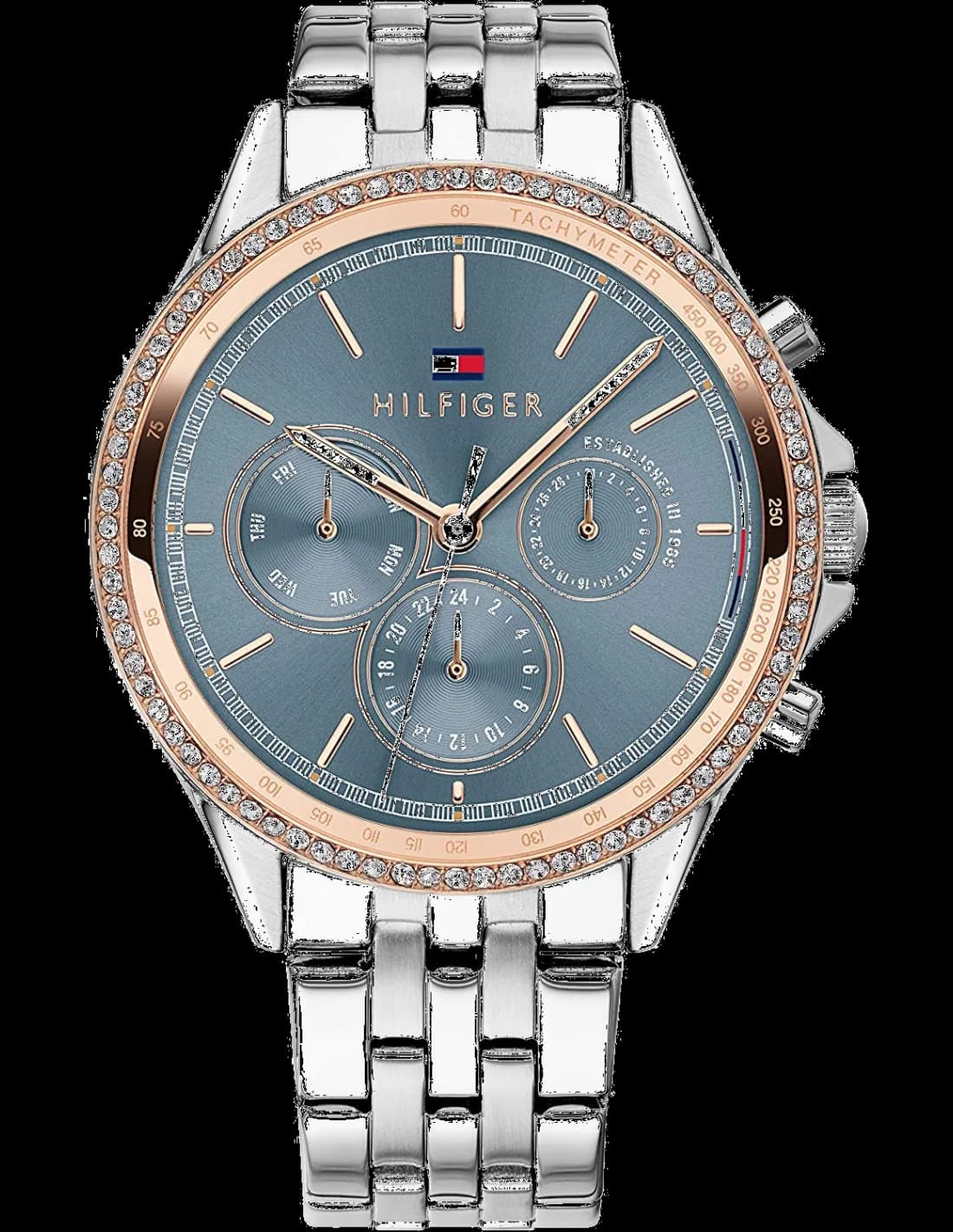 Montre Tommy Hilfiger 1781976 avec cadran bleu et diamants, style élégant et raffiné