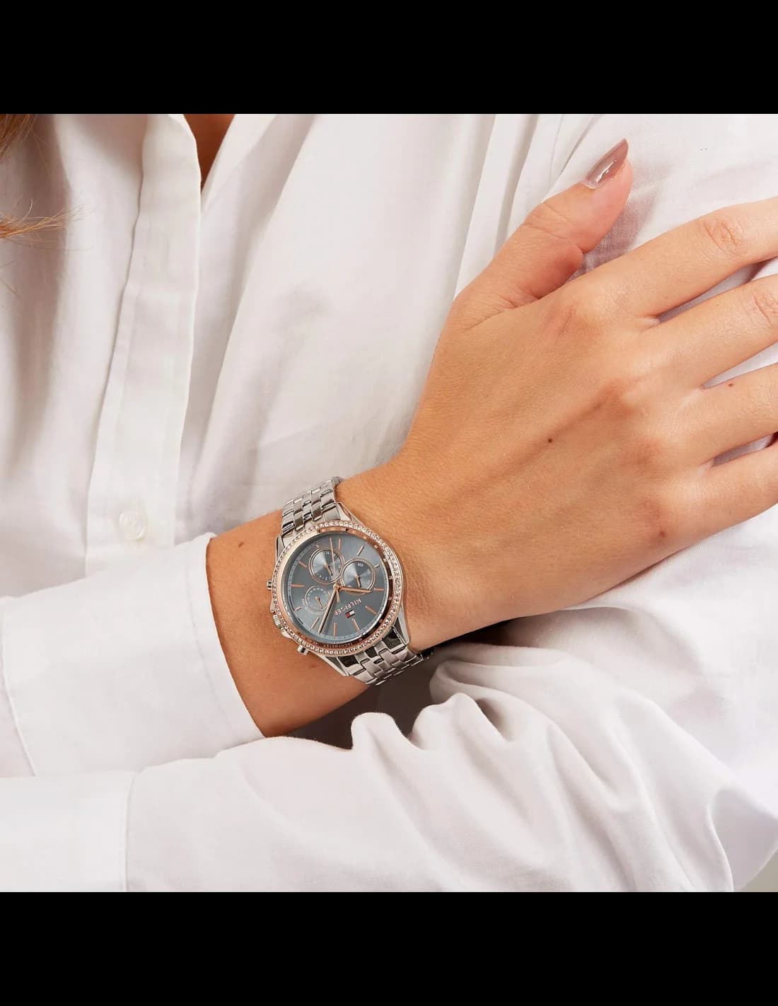 Bracelet Tommy Hilfiger 1781976 en acier inoxydable, fermoir déployant, maille milanaise