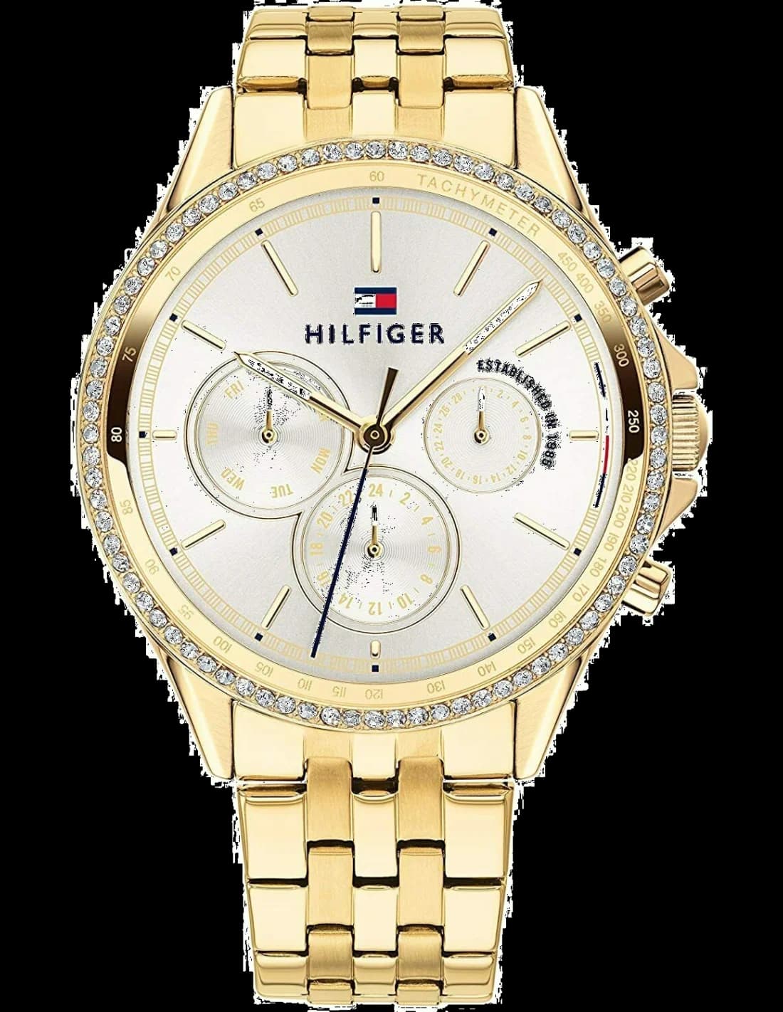 Montre Tommy Hilfiger 1781977 avec cadran blanc nacré et cristaux scintillants sur acier doré