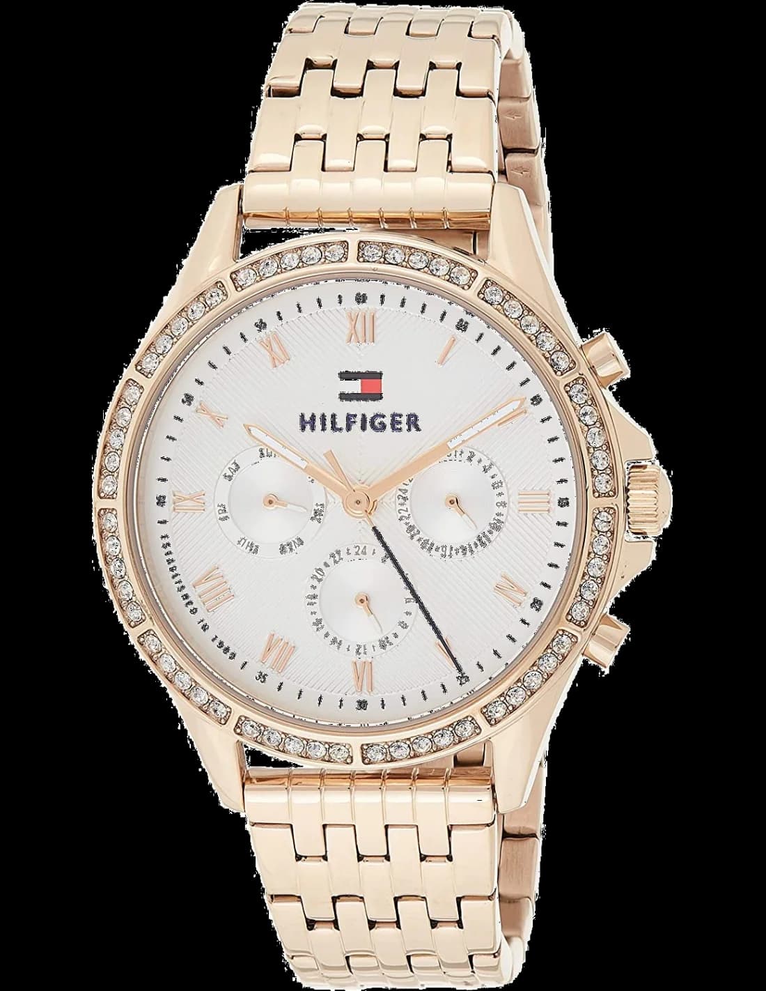 Montre Tommy Hilfiger 1781978 au cadran bleu soleil avec index dorés et aiguilles bâton, style chic et féminin