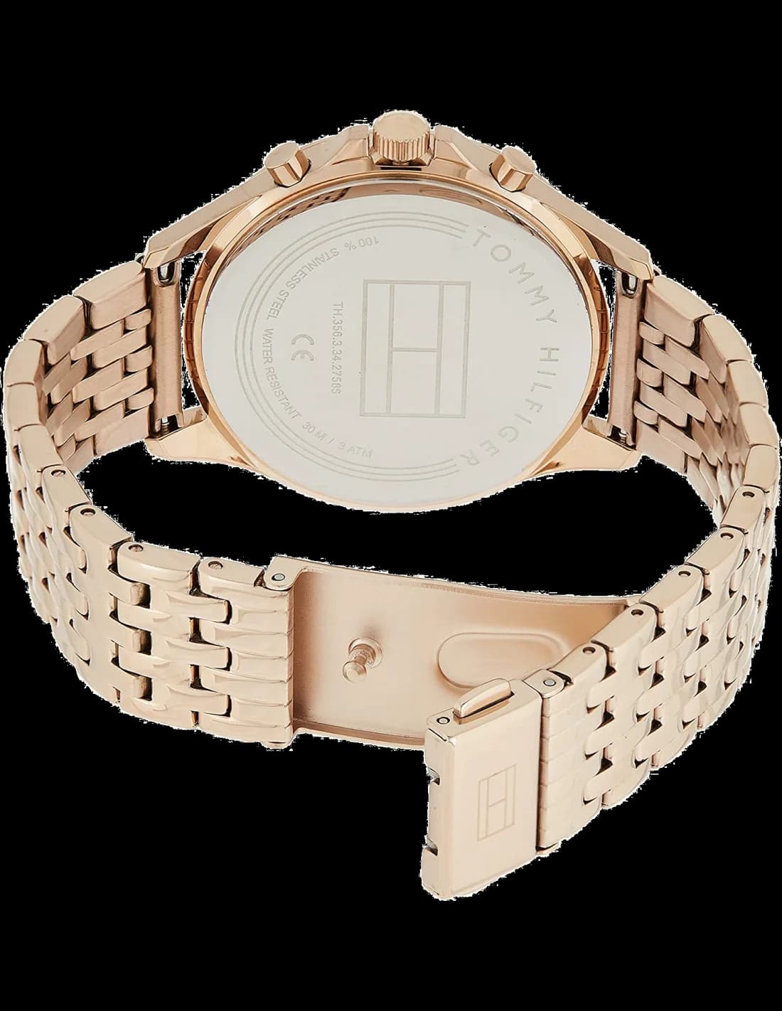 Cadran Tommy Hilfiger 1781978 bleu soleil avec index appliqués dorés, aiguilles bâton et date à 3h, élégant et lisible