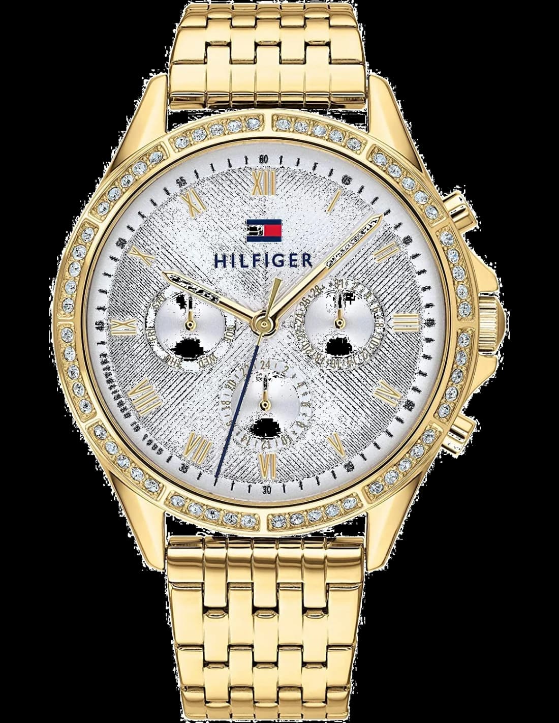 Montre Tommy Hilfiger 1782142 avec cadran blanc et index dorés sur fond soleil