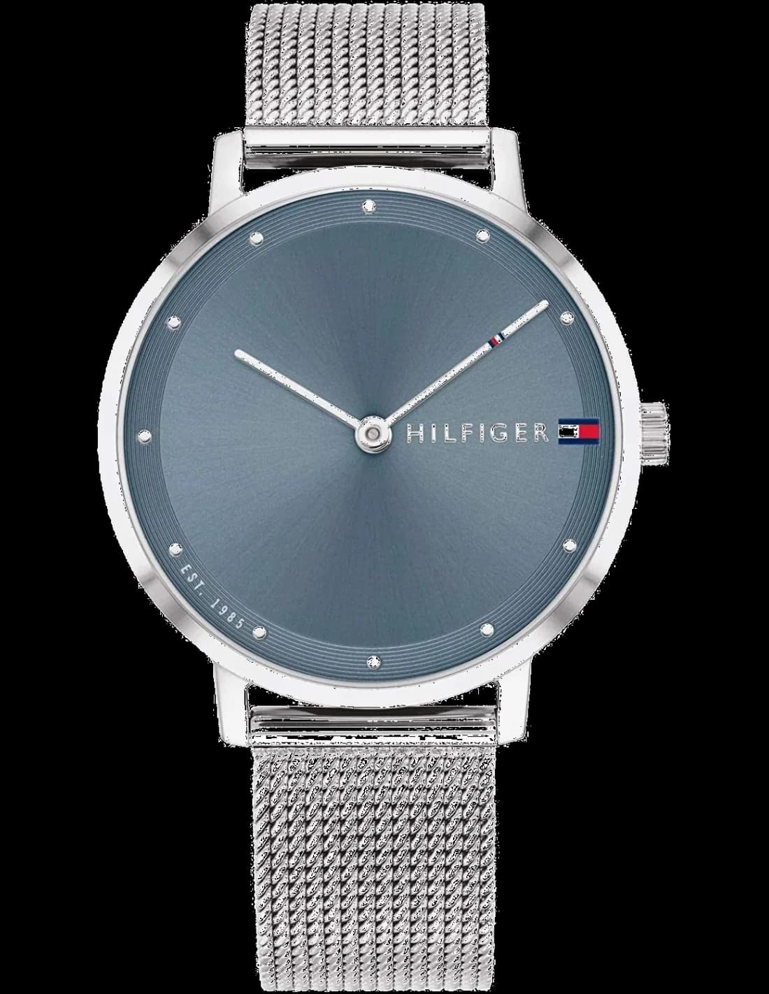 Montre Tommy Hilfiger 1782149 avec cadran bleu soleil, index bâtons et aiguilles argentées, style chic et intemporel