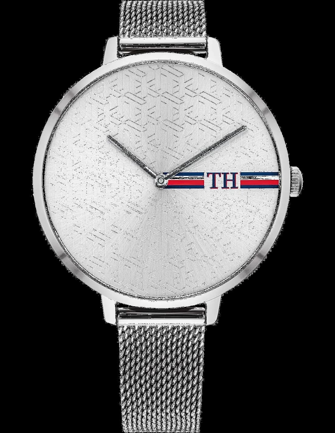 Montre Tommy Hilfiger 1782157 avec cadran blanc et aiguilles dorées sur fond argenté, style chic et élégant