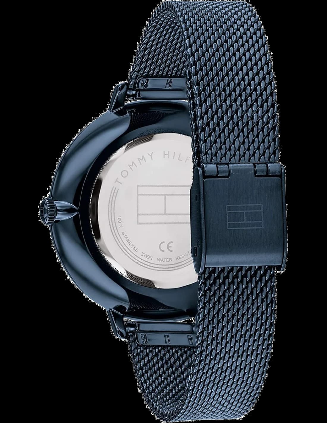 Cadran Tommy Hilfiger 1782159 arborant un cadran bleu soleil, index bâtons et aiguilles argentées, date à 3h