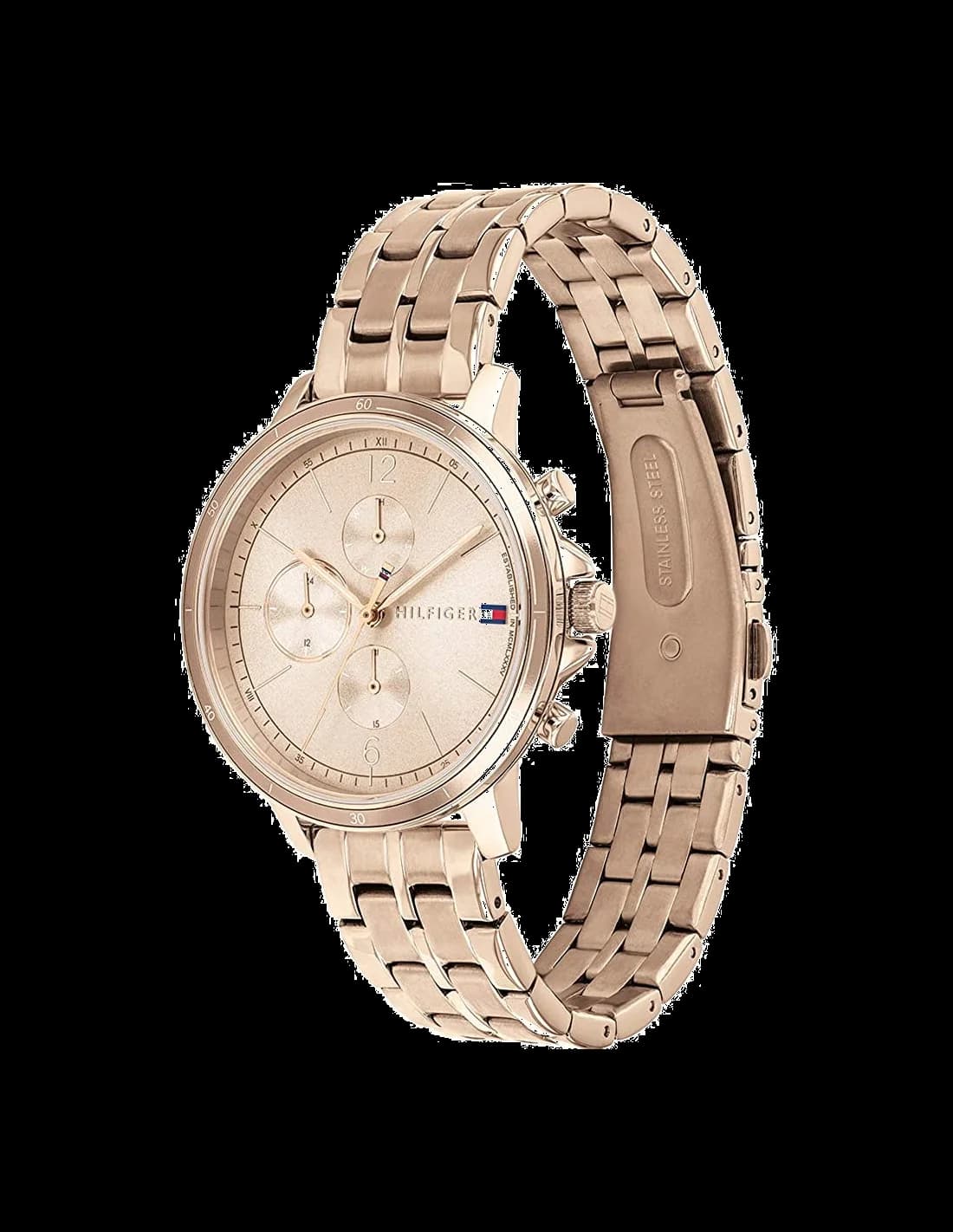 Cadran Tommy Hilfiger 1782190 avec cadran blanc, index bâton et aiguilles dorés, date à 3h