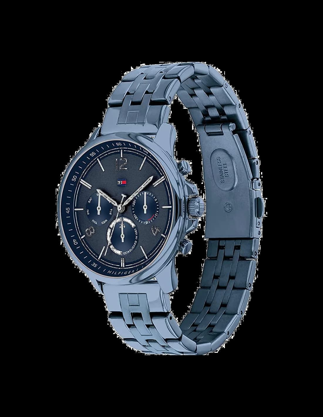 Cadran Tommy Hilfiger 1782227 bleu dégradé soleil, index appliqués et aiguilles luminescentes, date à 3h pour un look moderne