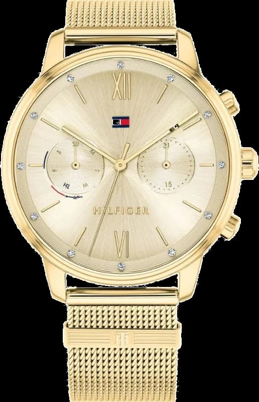 Montre Tommy Hilfiger 1782302 avec cadran blanc nacré, index dorés et aiguilles bâton, style élégant et raffiné