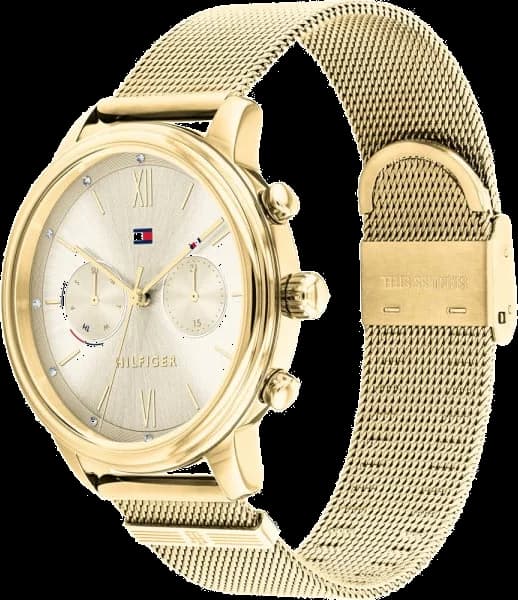 Cadran Tommy Hilfiger 1782302 blanc nacré aux index appliqués dorés et aiguilles dauphine, date à 3h pour une lisibilité parfaite