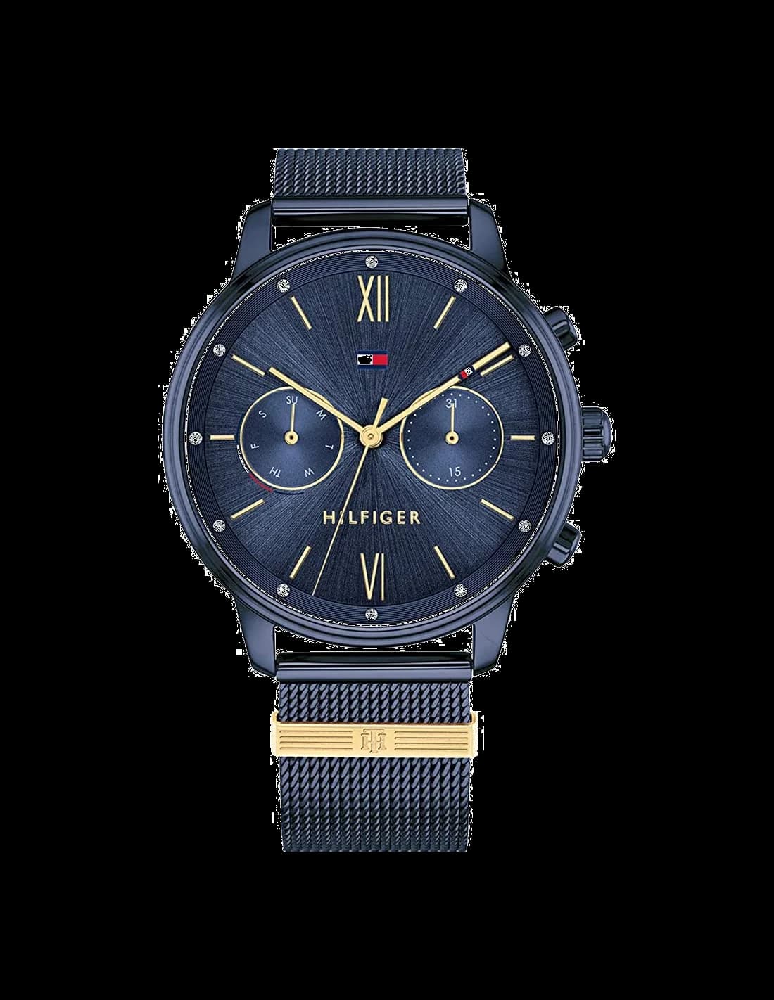 Montre Tommy Hilfiger 1782305 au cadran bleu soleil, boîtier anthracite et maille milanaise assortie, style moderne et élégant