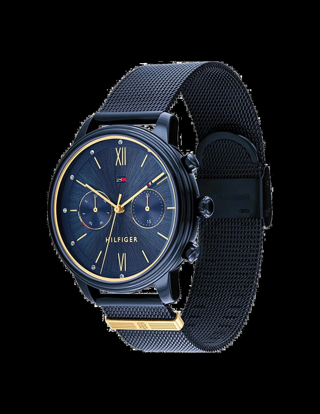 Cadran Tommy Hilfiger 1782305 bleu soleil avec index bâtons argentés, aiguilles luminescentes et date à 3h, lisibilité parfaite