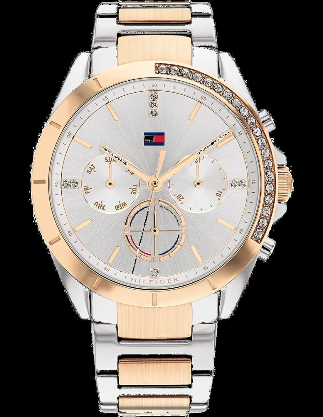 Montre Tommy Hilfiger 1782387 au cadran blanc nacré, index bâtons et cristaux, acier bicolore argent et or