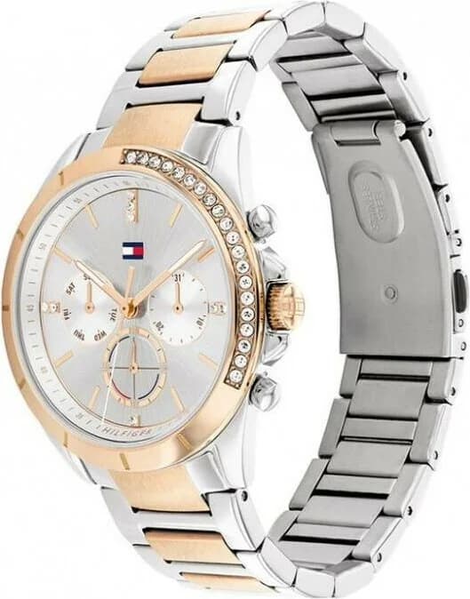 Cadran Tommy Hilfiger 1782387 blanc nacré avec index bâtons et cristaux, aiguilles bicolores, date à 3h