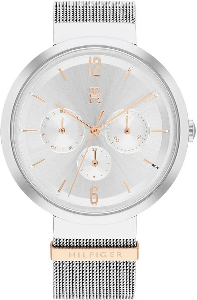 Montre Tommy Hilfiger 1782537 au cadran argenté soleillé avec index bâtons et logo bleu marine, élégance intemporelle