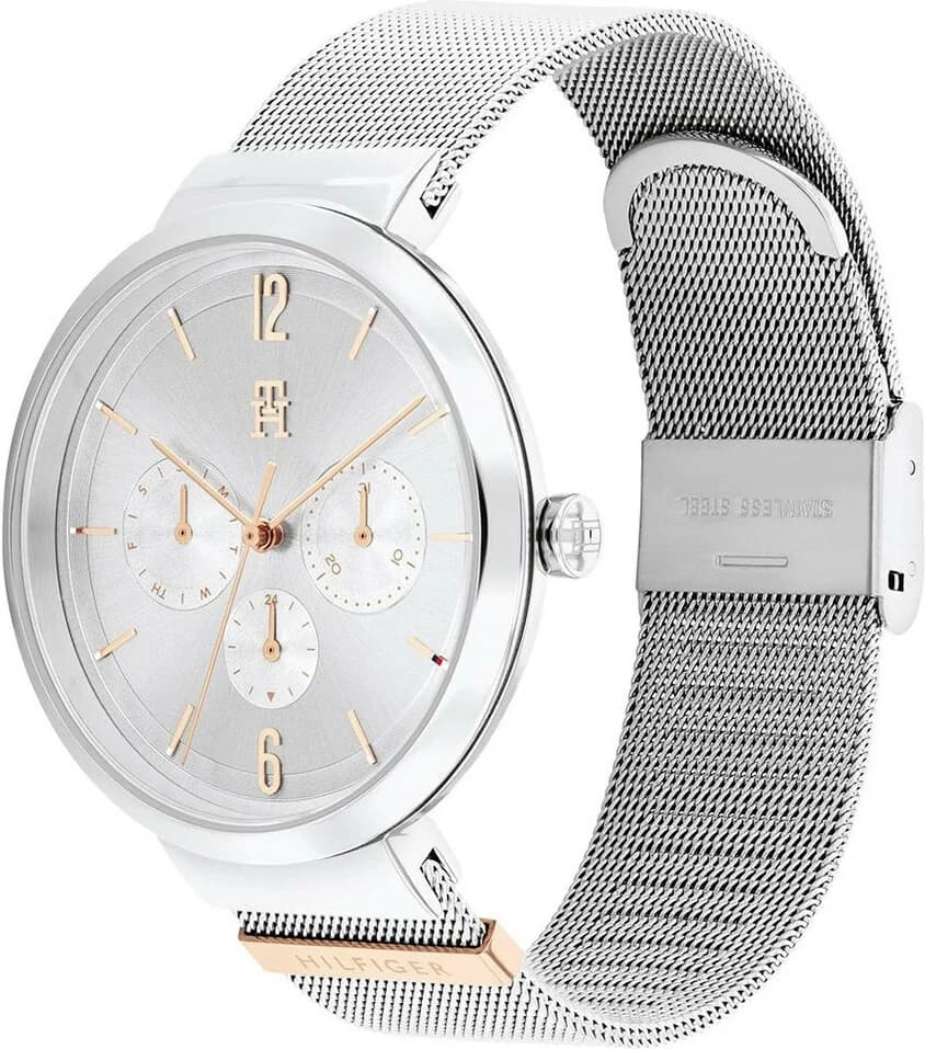 Cadran Tommy Hilfiger 1782537 avec index bâtons appliqués, aiguilles dauphine argentées et date à 3h, lisibilité parfaite
