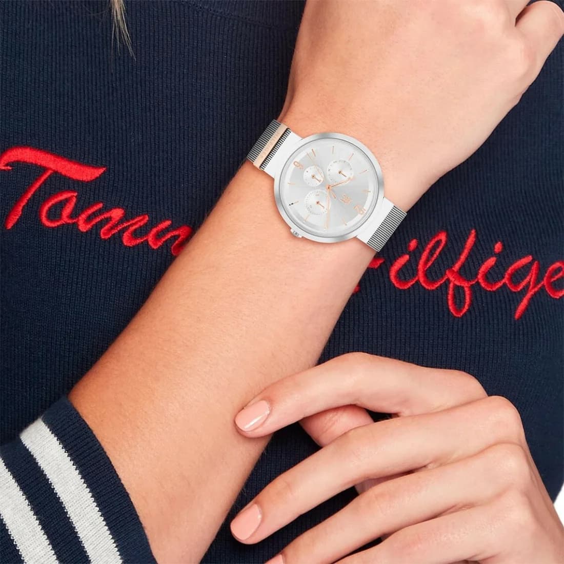 Boîtier Tommy Hilfiger 1782537 rond en acier argenté, lunette lisse, verre minéral, profil fin et féminin