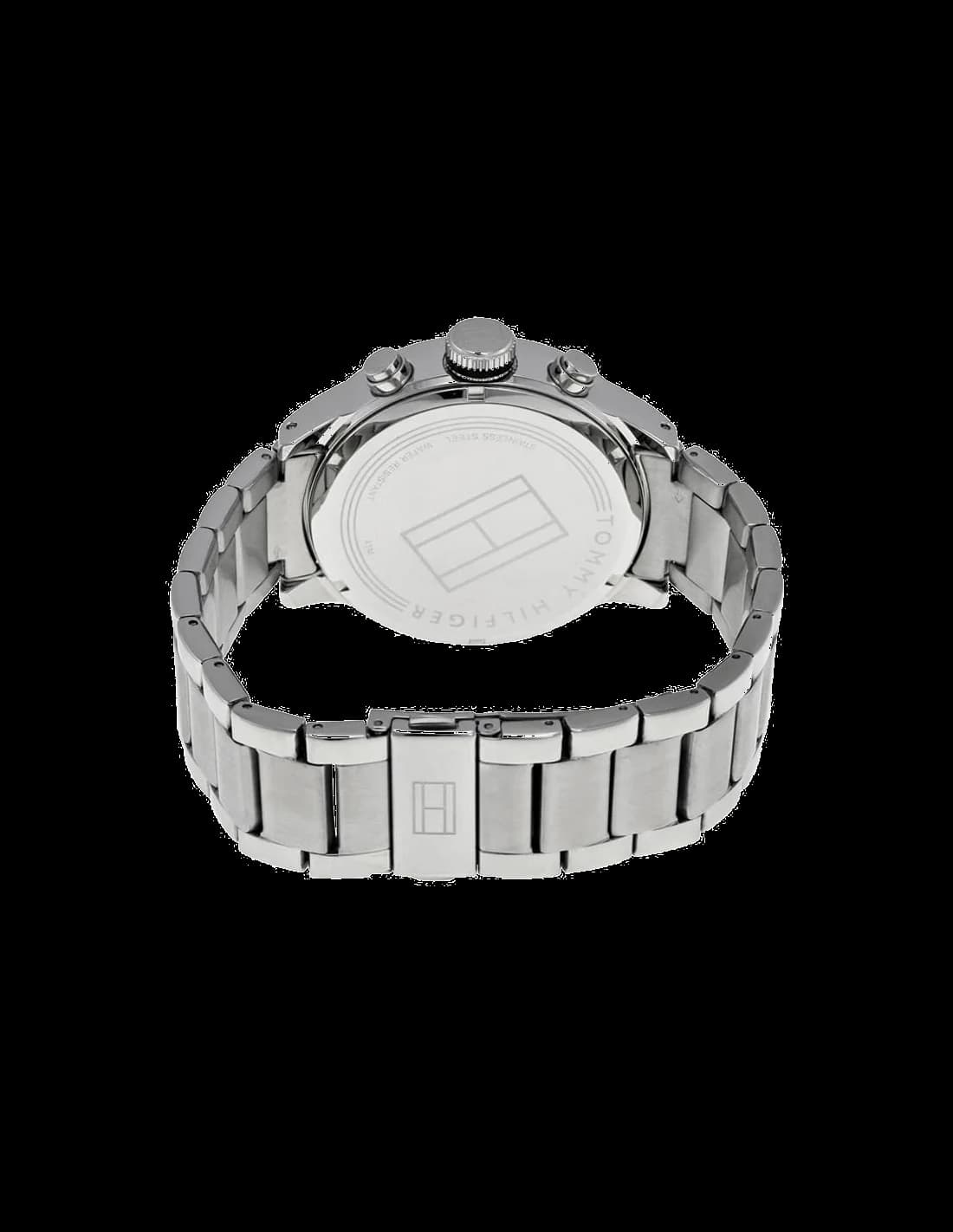 Cadran Tommy Hilfiger 1791141 noir aux index bâtons et aiguilles argentées, guichet date à 4h30
