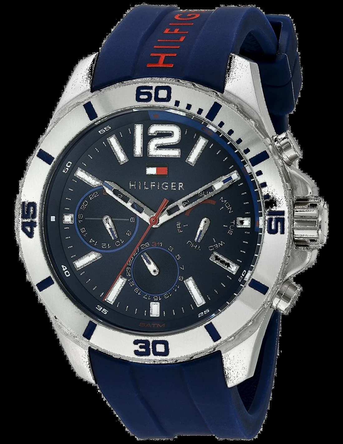 Montre Tommy Hilfiger 1791142 au cadran bleu soleil, aiguilles et index blancs, style sport chic