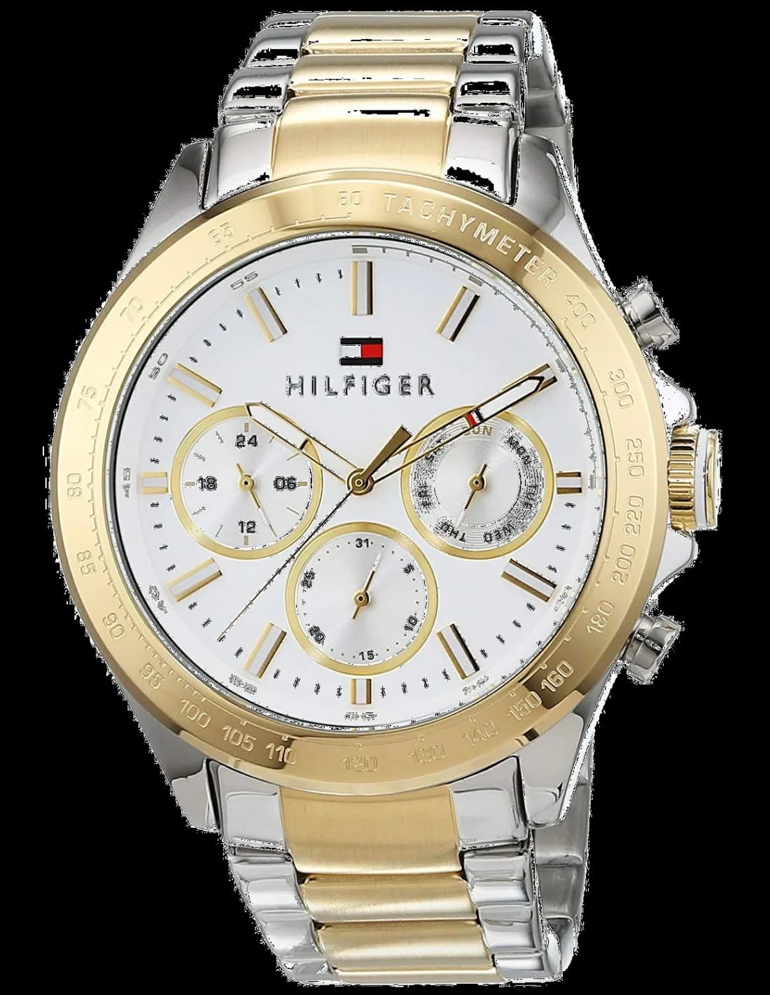 Montre Tommy Hilfiger 1791226 au cadran bleu soleil, acier bicolore et index argentés, style classique moderne