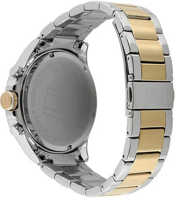 Cadran Tommy Hilfiger 1791226 bleu dégradé avec index appliqués, aiguilles dorées et date à 3h, élégance intemporelle