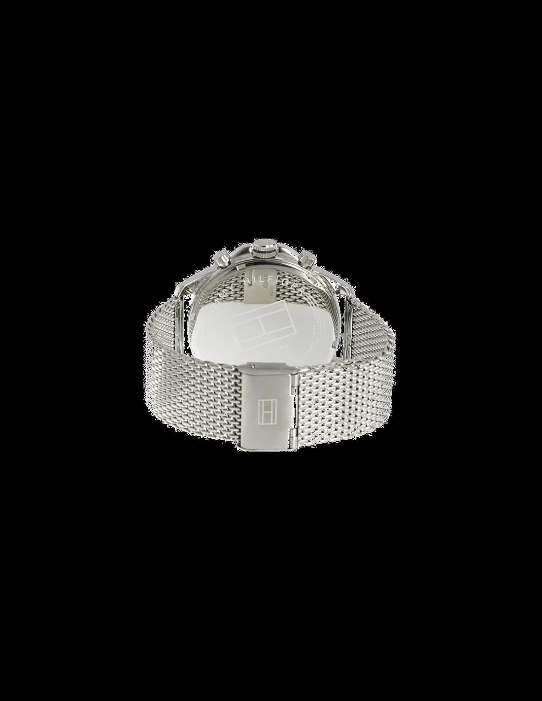 Cadran Tommy Hilfiger 1791277 avec index appliqués argentés, aiguilles luminescentes et date à 3 heures sur fond soleillé bleu