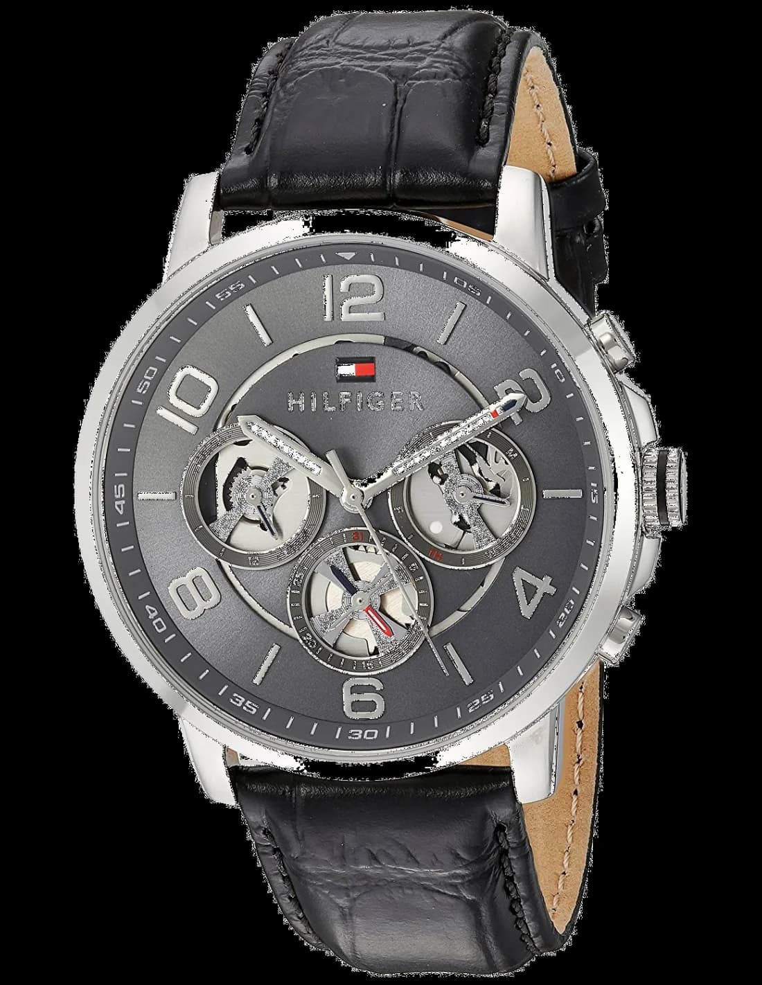 Montre Tommy Hilfiger 1791289 au cadran noir avec index bâtons, aiguilles argentées et affichage de la date à 3h