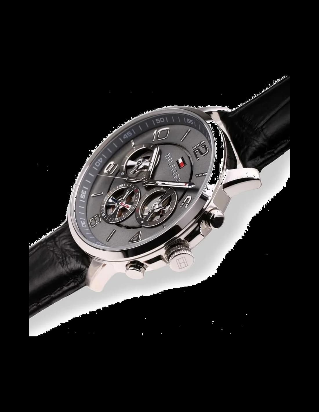Cadran Tommy Hilfiger 1791289 avec compteurs chronographes, aiguilles luminescentes et guichet date à 3h sur fond noir