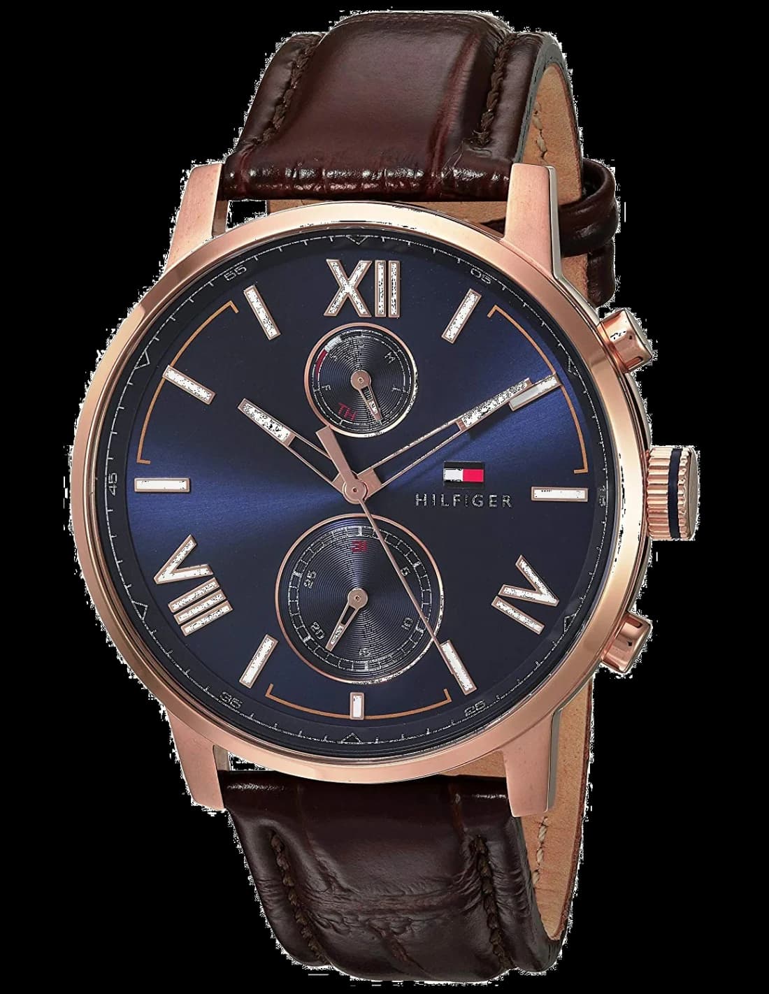 Montre Tommy Hilfiger 1791308 au cadran marron soleil, aiguilles dorées et index bâtons, style classique chic