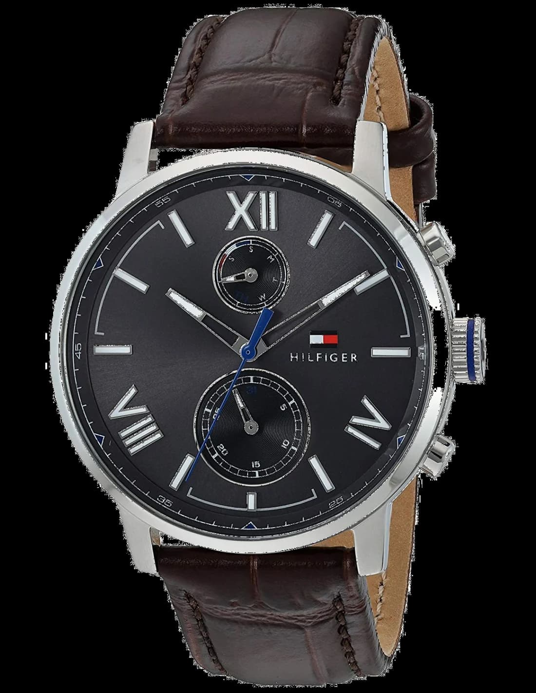 Montre Tommy Hilfiger 1791309 avec cadran bleu soleil et index argentés, style classique chic