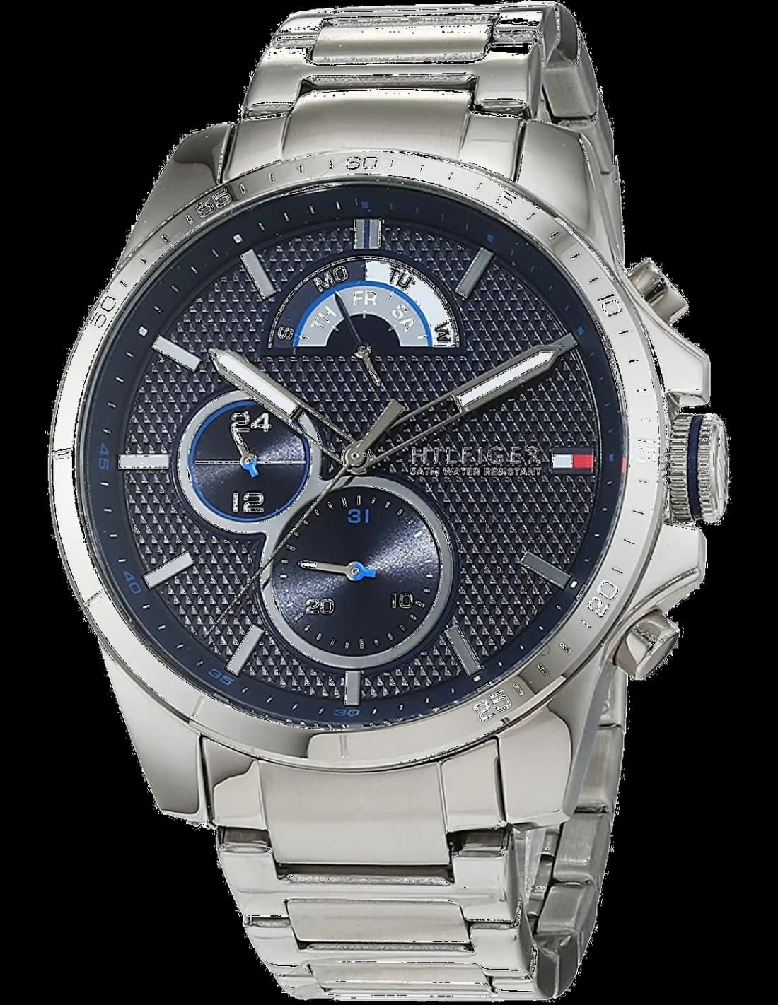 Montre Tommy Hilfiger 1791348 au cadran bleu soleil et boîtier acier argenté, style classique chic