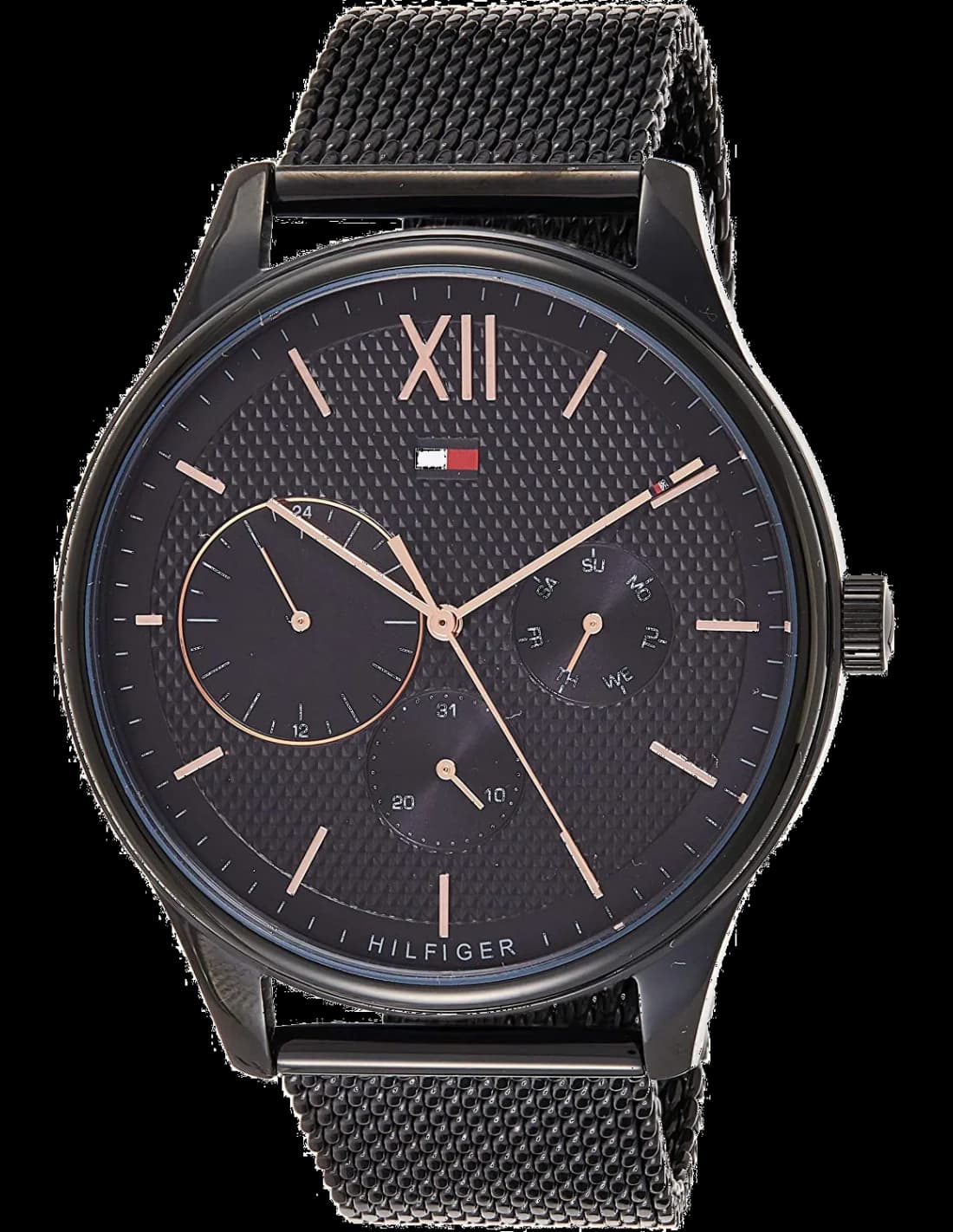 Montre Tommy Hilfiger 1791420 avec cadran bleu soleil et index bâtons, style classique chic