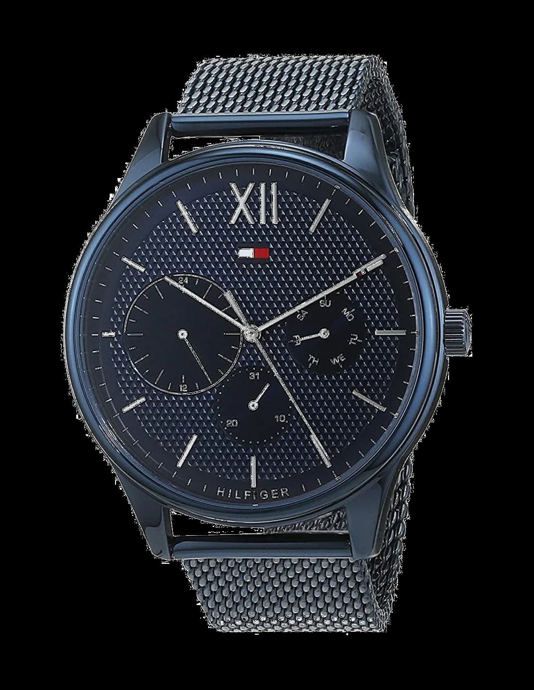 Montre Tommy Hilfiger 1791421 avec cadran bleu soleil et index argentés sur fond bleu marine