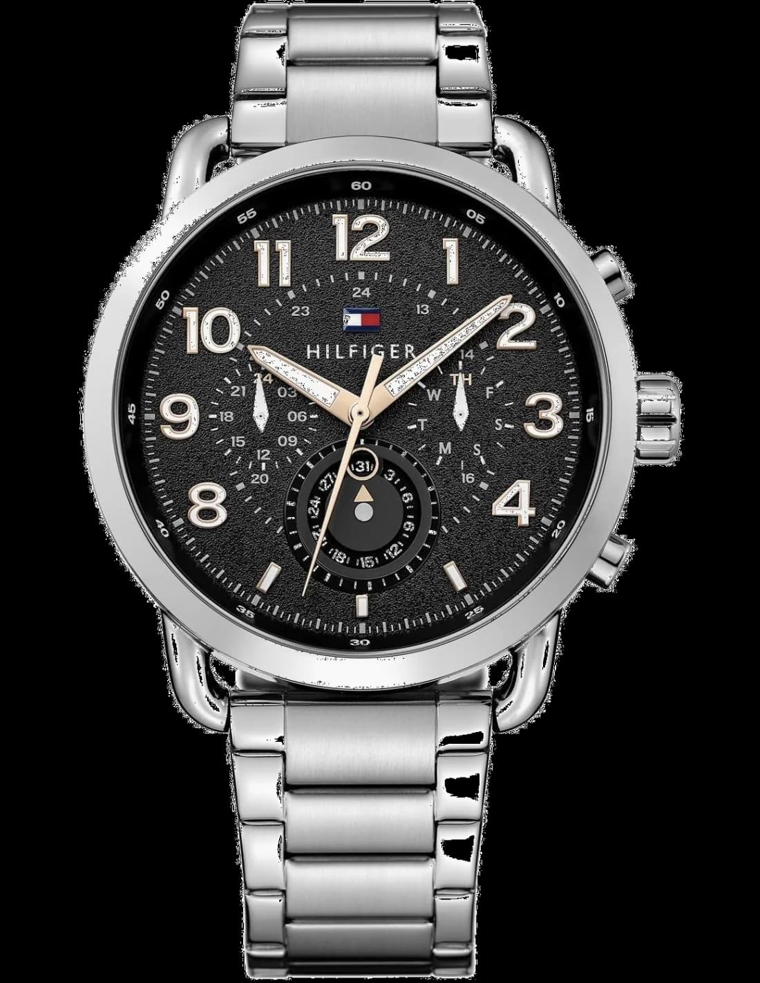 Montre Tommy Hilfiger 1791422 au cadran noir soleil avec acier argenté et style classique moderne