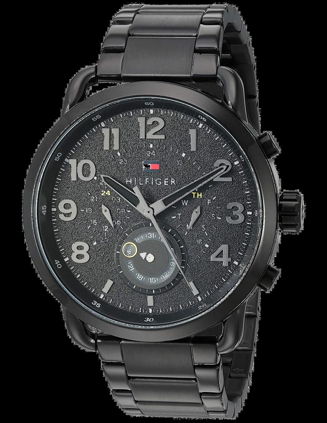 Montre Tommy Hilfiger 1791423 avec cadran noir soleil et index argentés, style classique et moderne