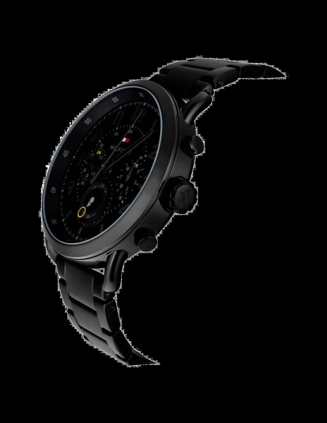 Cadran Tommy Hilfiger 1791423 au cadran noir soleillé, aiguilles luminescentes et date à 3h, élégant