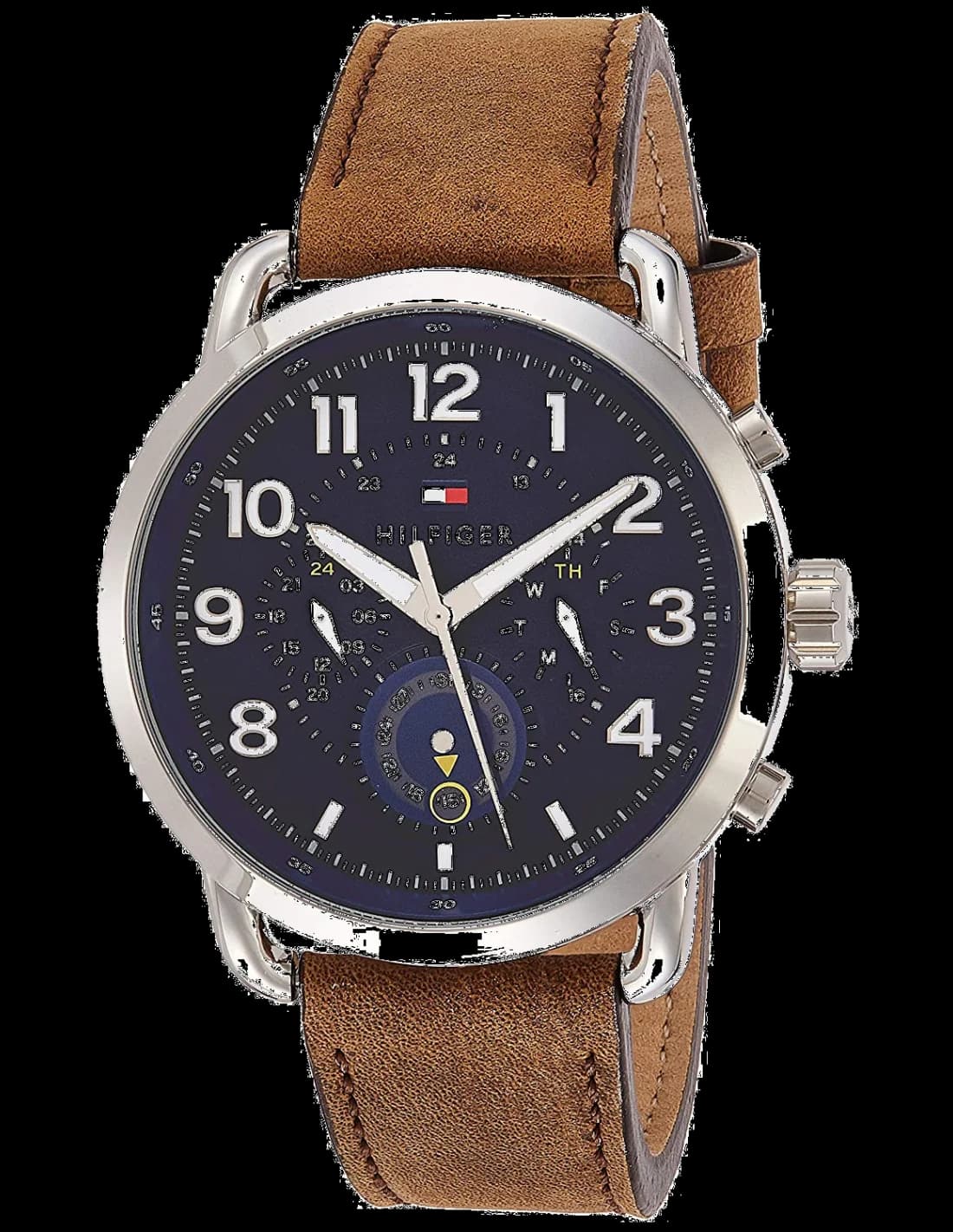 Montre Tommy Hilfiger 1791424 avec cadran bleu soleil, aiguilles argentées et index bâtons, style classique chic