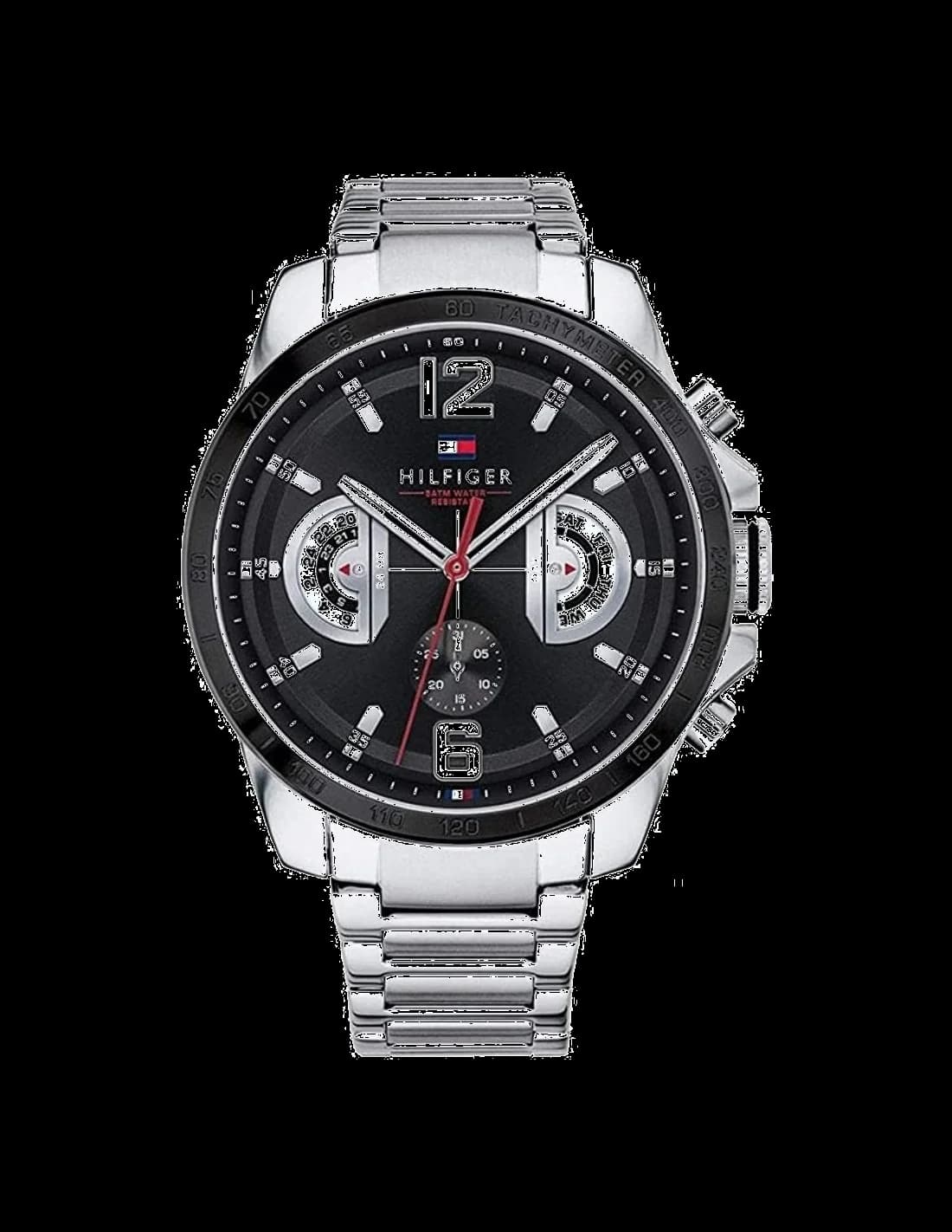 Montre Tommy Hilfiger 1791472 au cadran noir soleillé avec aiguilles et index argentés, style sport chic