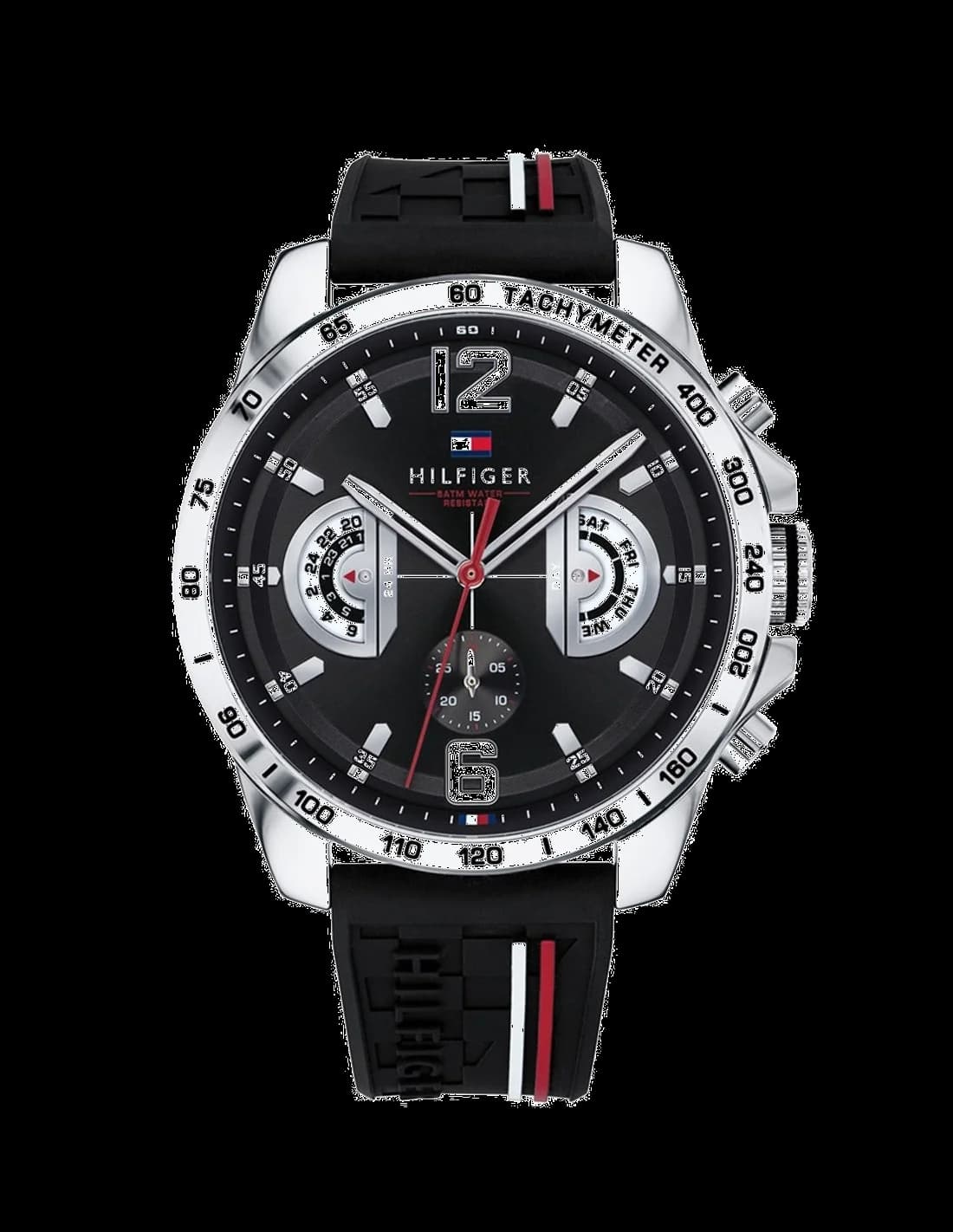 Montre Tommy Hilfiger 1791473 avec cadran noir texturé et index bâtons argentés, style sport chic